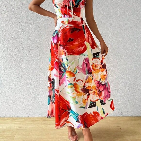 Multicolor Boho Women's Chest Strap Sleeveless Maxi Dress - Picture 4 of 5